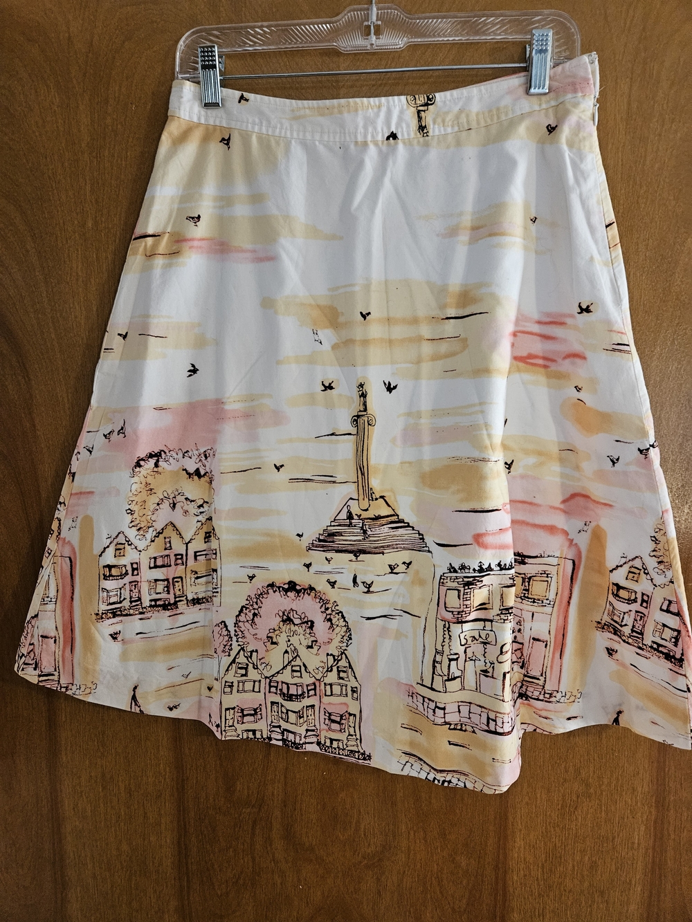 Valerie Stevens White A-Line Skirt with Pink and Yellow Scenic Print